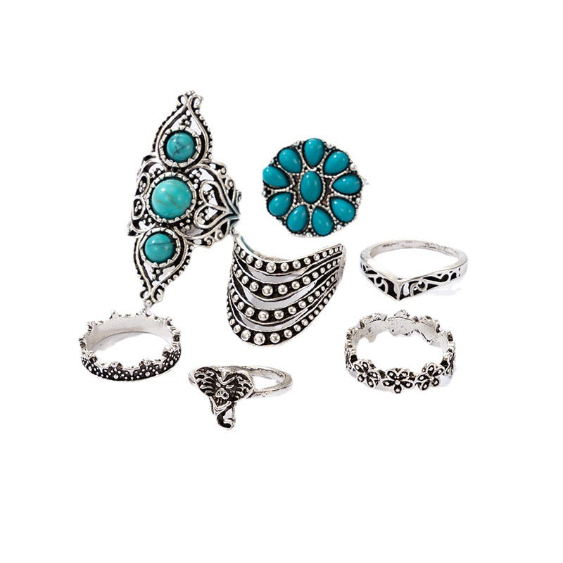 Wholesale 3sets Retro Ethnic Turquoise Rings7-piece/Set Elephant Geometric Graphic